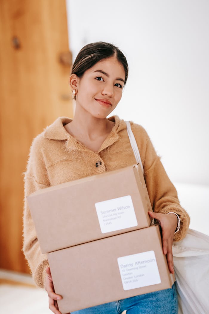 Young woman smiling while holding delivery packages at home, wearing casual attire.
